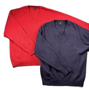 Geoffrey Beene Men Cashmere Sweater LOT V-Neck Pullover Red Navy Large L205